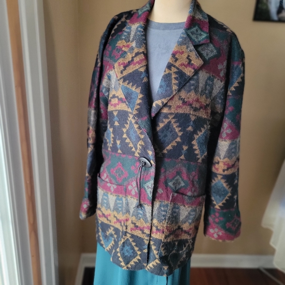 Vintage M.J. Carroll Geometric Southwestern Aztec Wool Blend Coat Jacket Size L